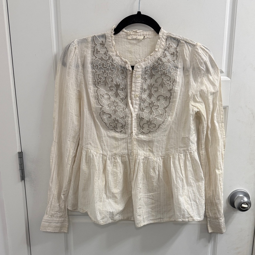 Anthropologie Floreat Elegant Cream Blouse with Gray Embroidery‎ Size 0